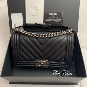 Chanel black chevron boy bag Carviar with RHW